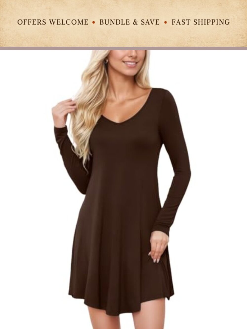 Women Long Sleeve V Neck Shift Dress Polyester Spandex Casual